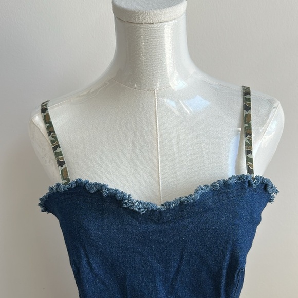 VTG 90's Women's Denim Camo Strap Mini Dress Raw Edge Casual Grunge Streetwear S - Picture 3 of 9